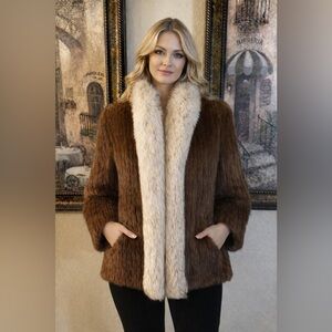 Beautiful Saga Mink/Fox Fur Jacket. Rich Brown/Cream Color. Size Small.